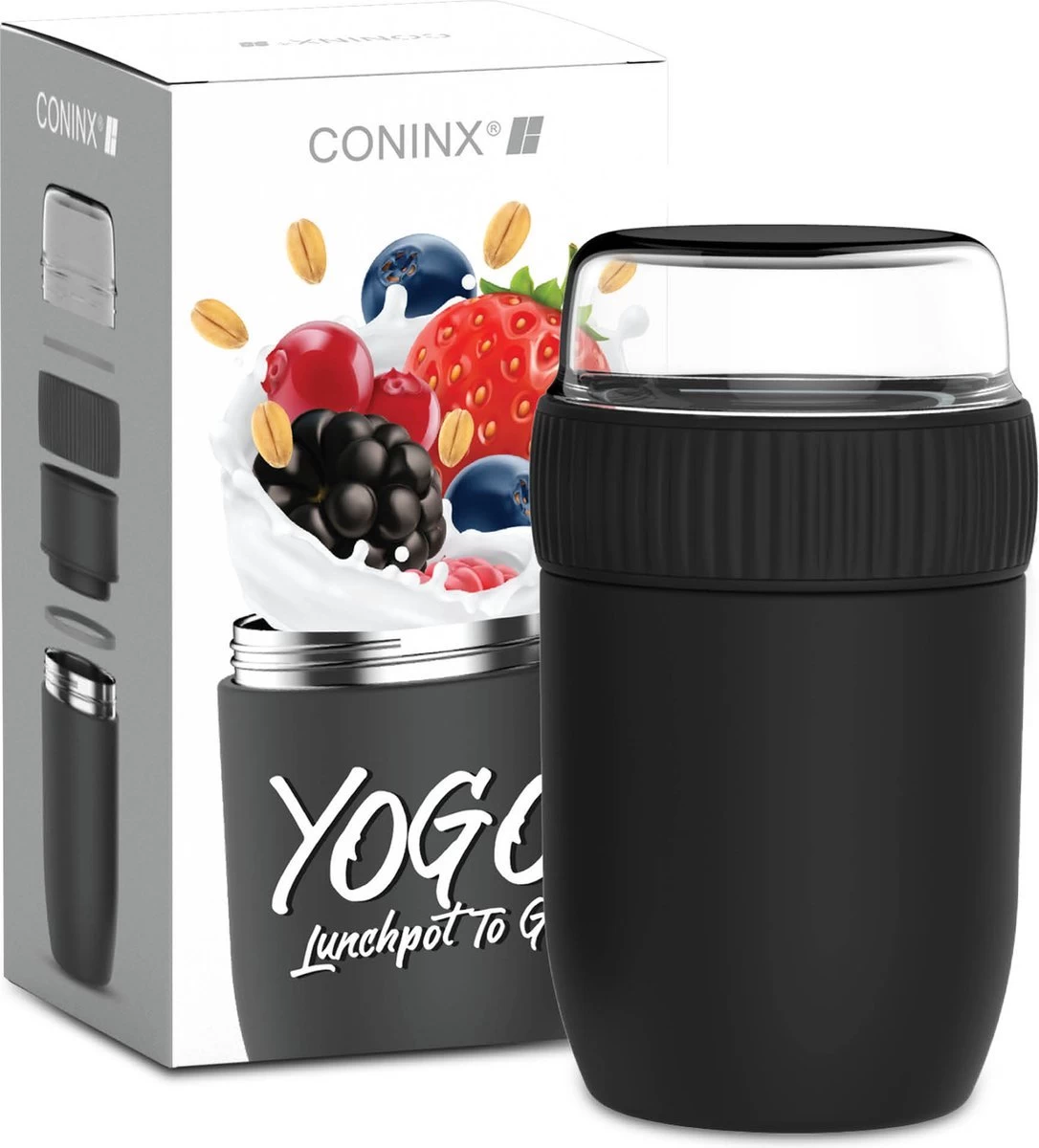 Coninx Thermos Lunchbox - Muesli Beker To Go - Isoleer Lunchpot - Yoghurtbeker To Go - Mueslibeker 840ml (600ml+240ml) - RVS / Zwart - Afbeelding 8
