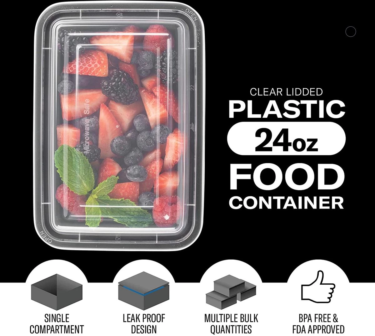 Buxibo - 50 Meal Prep Bakjes - Salade/Lunch Box - Diepvriesbakjes - Vershoudbakjes - Plastic Bakjes Met Deksel - Vershouddoos - Magnetron Vaatwasser Bestendig - 24 Oz/0.7 Liter Inhoud - Herbruikbaar - Kunststof - BPA Vrij - Zwart - Afbeelding 7