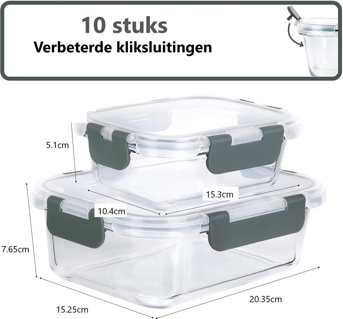 VMCA Glazen Vershoudbakjes Voor Vriezer Oven En Magnetron - 10 Bakjes - Grijs - Afbeelding 5