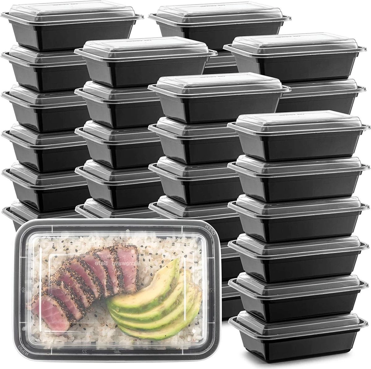 Buxibo - 50 Meal Prep Bakjes - Salade/Lunch Box - Diepvriesbakjes - Vershoudbakjes - Plastic Bakjes Met Deksel - Vershouddoos - Magnetron Vaatwasser Bestendig - 24 Oz/0.7 Liter Inhoud - Herbruikbaar - Kunststof - BPA Vrij - Zwart - Afbeelding 8