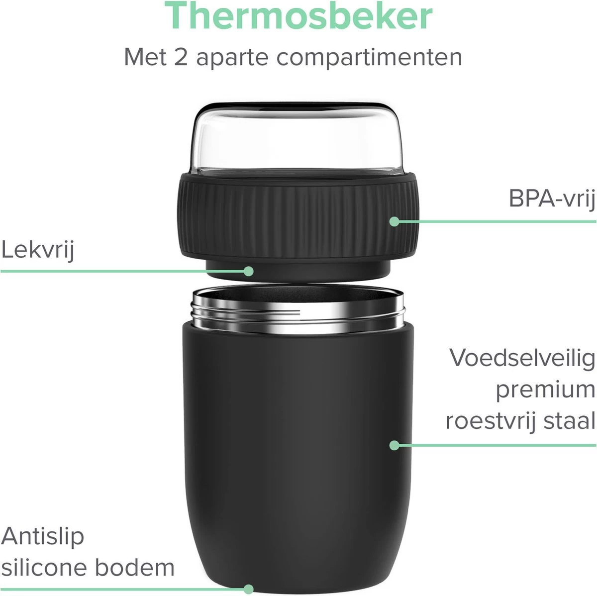 Coninx Thermos Lunchbox - Muesli Beker To Go - Isoleer Lunchpot - Yoghurtbeker To Go - Mueslibeker 840ml (600ml+240ml) - RVS / Zwart - Afbeelding 7