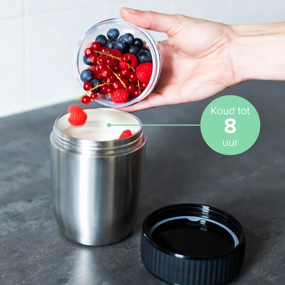 Coninx Thermos Lunchbox - Muesli Beker To Go - Isoleer Lunchpot - Yoghurtbeker To Go - Mueslibeker 840ml (600ml+240ml) - RVS / Zwart - Afbeelding 5