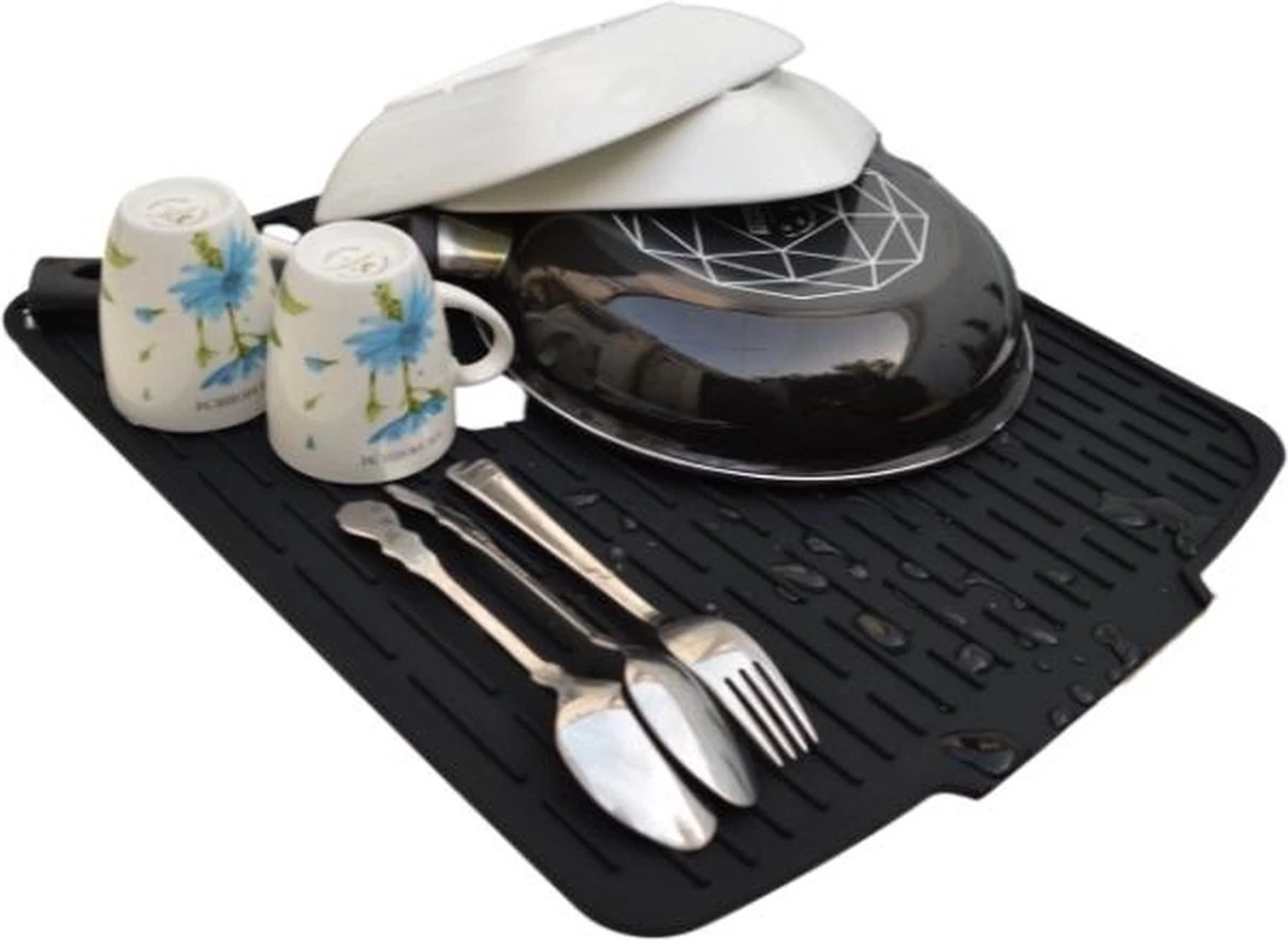 HOMYHON Afdruipmat -Afdruipmat Siliconen -Pannenonderzetter- Antislip -Hittebestendig - Aanrecht Mat -Siliconen Mat - 40 X 46 Cm - Zwart - Afbeelding 3