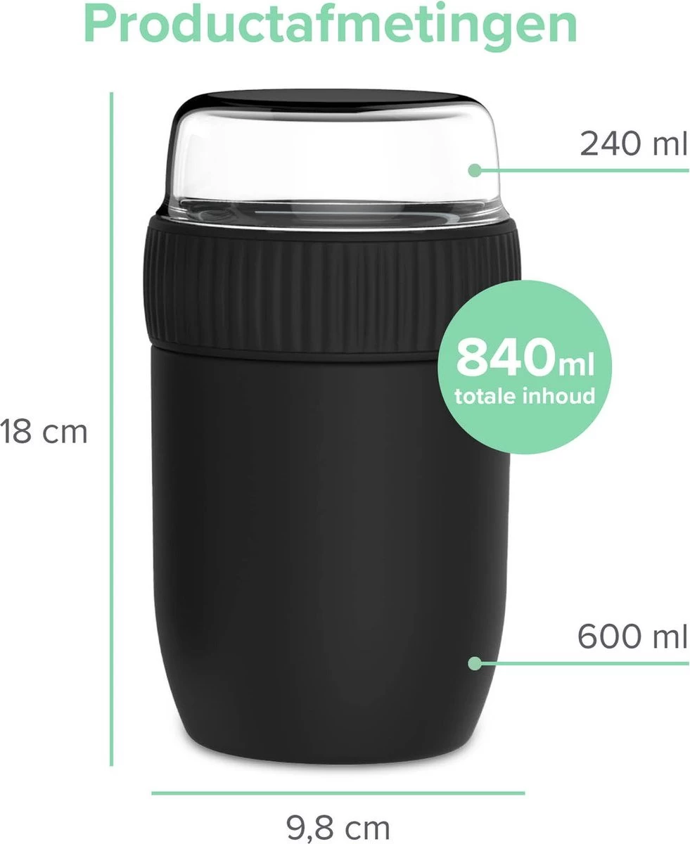 Coninx Thermos Lunchbox - Muesli Beker To Go - Isoleer Lunchpot - Yoghurtbeker To Go - Mueslibeker 840ml (600ml+240ml) - RVS / Zwart - Afbeelding 2